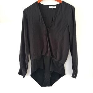 Halston Heritage Black Silk Blend V Neck Tie Front‎ Bodysuit Size 10 Minimalist